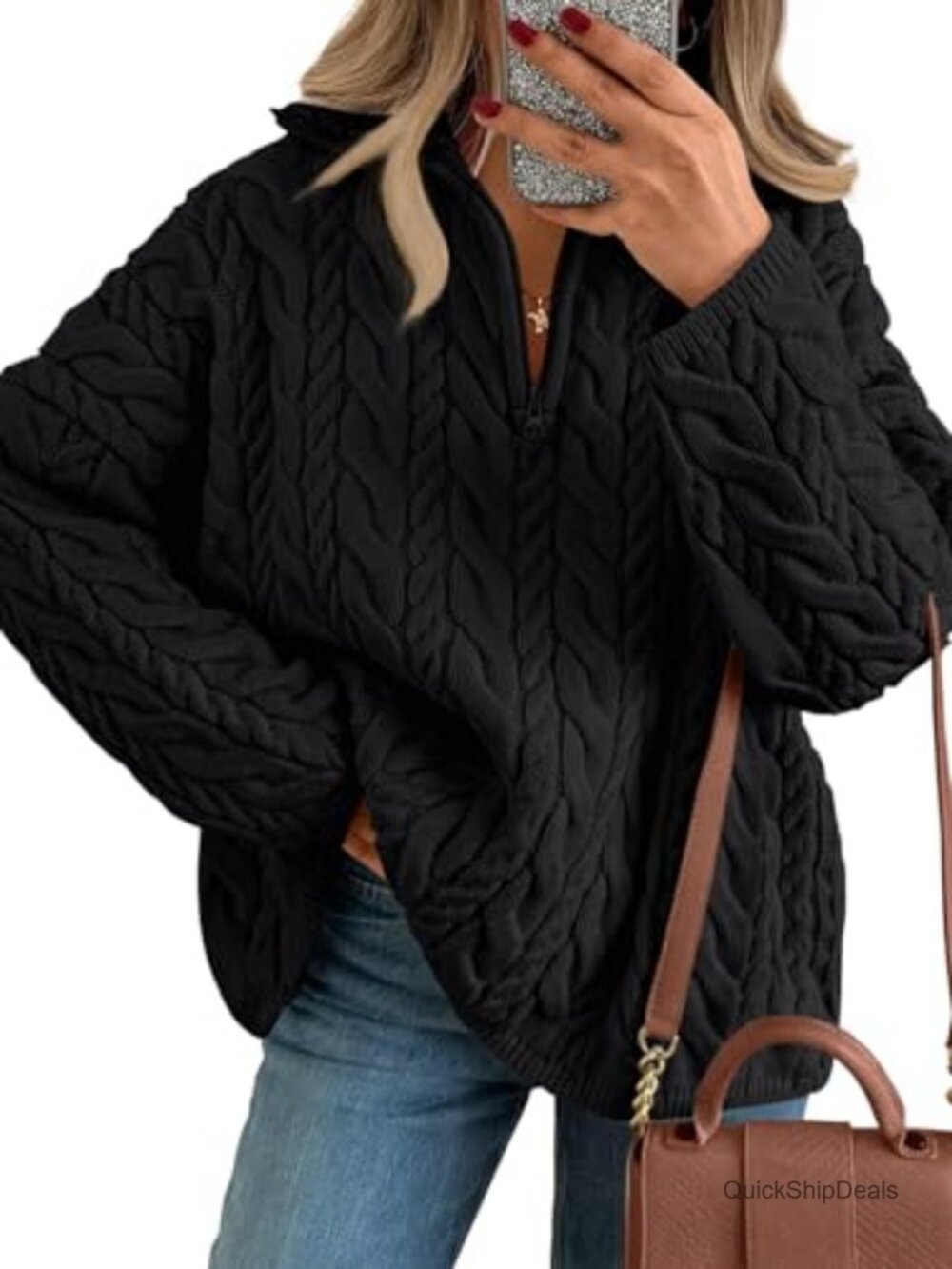 Women Oversized Chunky Cable Knit Quarter Zip Pullover Sweater Cotton Blend